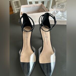 Classy Black Pointed-Heel with Clear Toe and Rhinestone Strap Detail